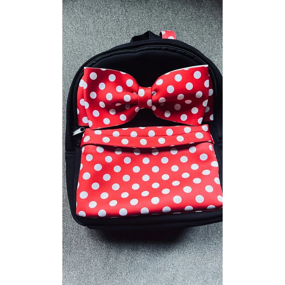 Disney Minnie Mouse Backpack Kids Small Black Red Polka Dot 3D Bow Bag